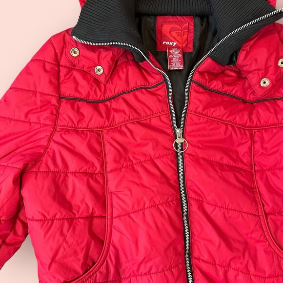 Vintage Roxy Puffer Red Down Hooded Jacket Bomber womens medium small Y2K - Picture 2 of 5